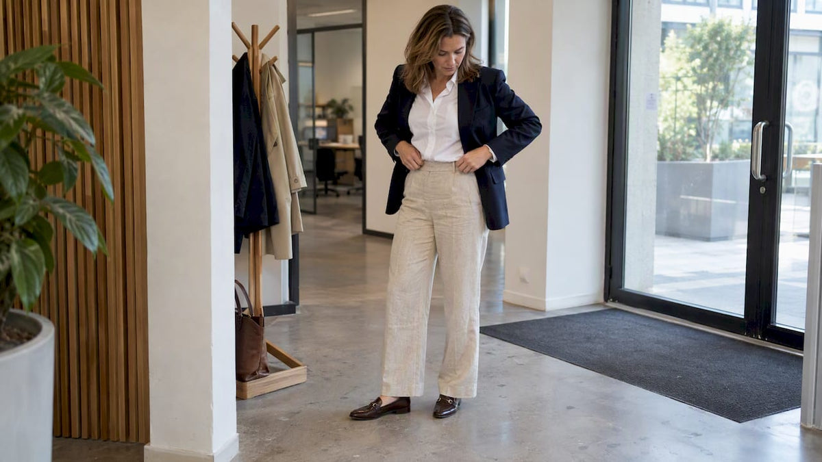 Vrouw in linnen broek bij de ingang van het kantoor
