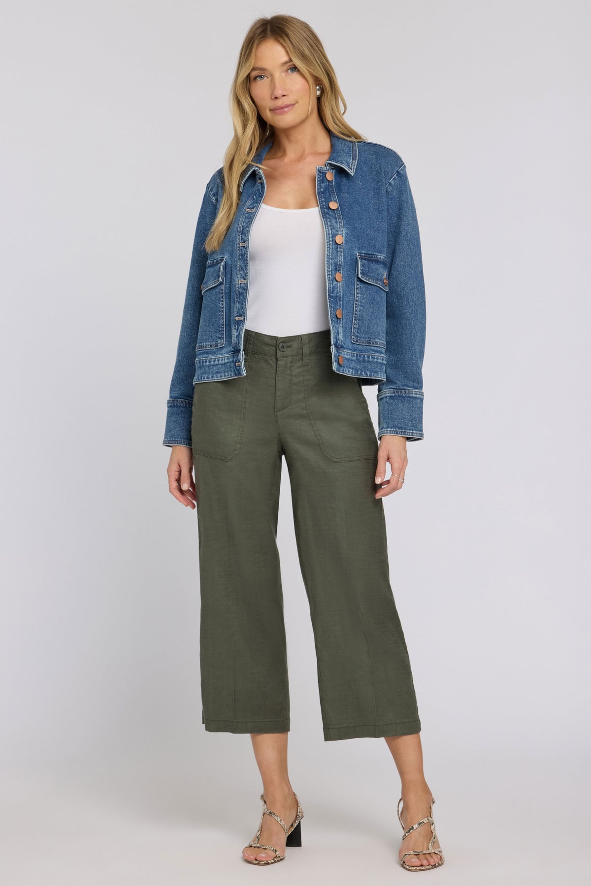 Wide Leg Cargo Capri Pants In Stretch Linen | Desert Green | Pants | NYDJ
