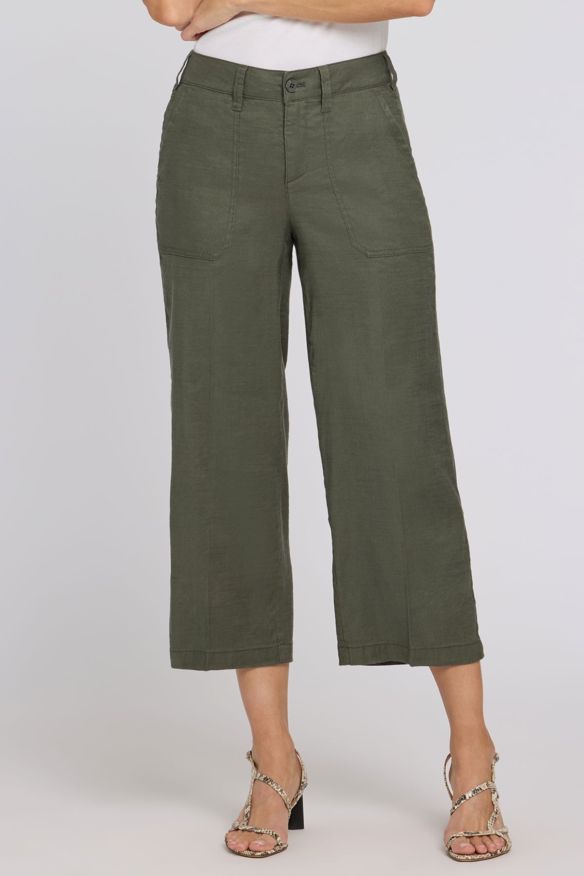 Wide Leg Cargo Capri Pants In Stretch Linen | Desert Green | Pants | NYDJ