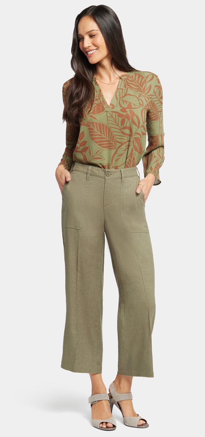 Wide Leg Cropped Capri Trouser Green Stretch Linen | Avocado | Pants | NYDJ