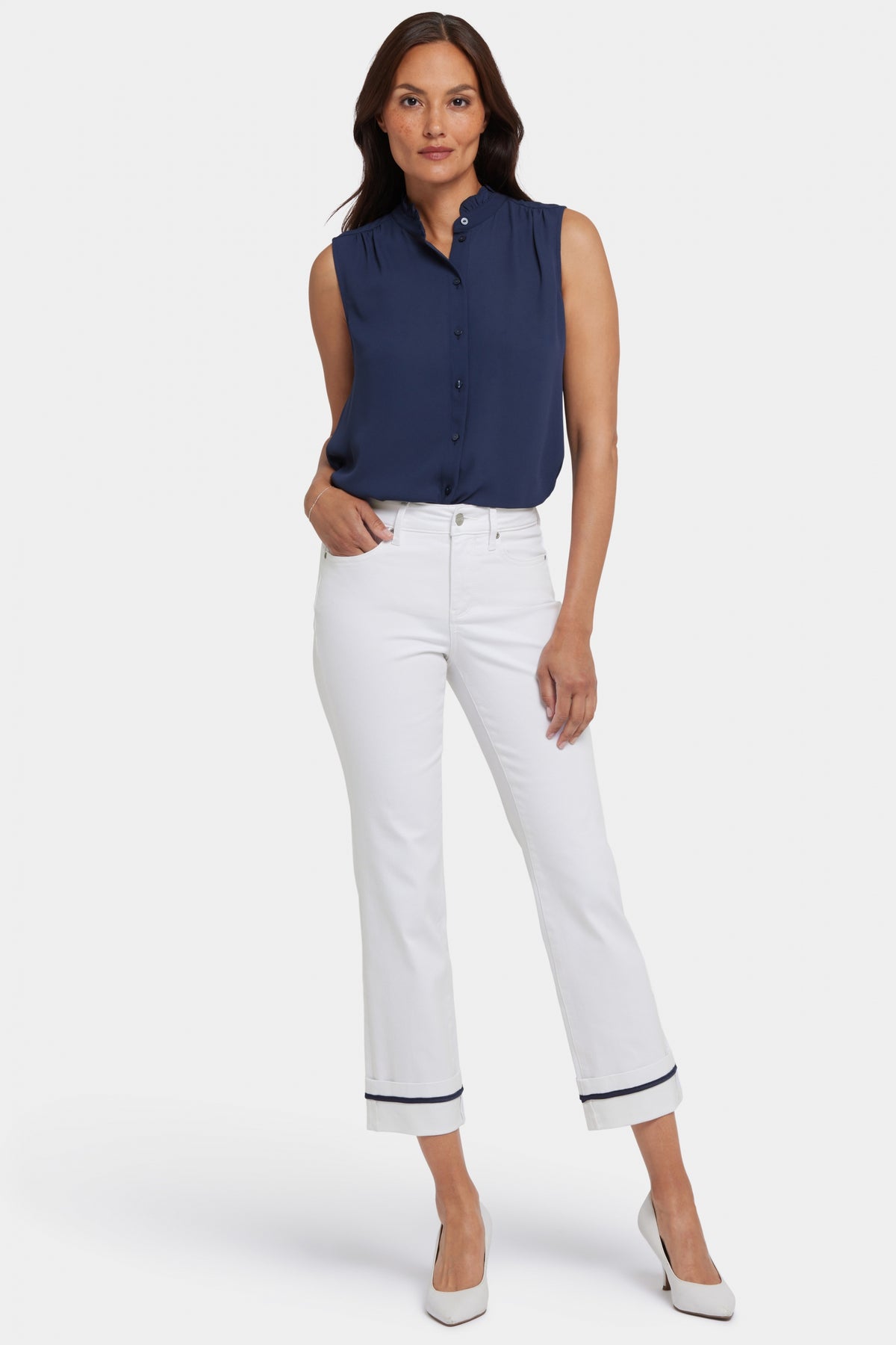 Marilyn Straight Ankle Jeans With Deep Cuffs And Binding Detail | Optic White | Pants | NYDJ