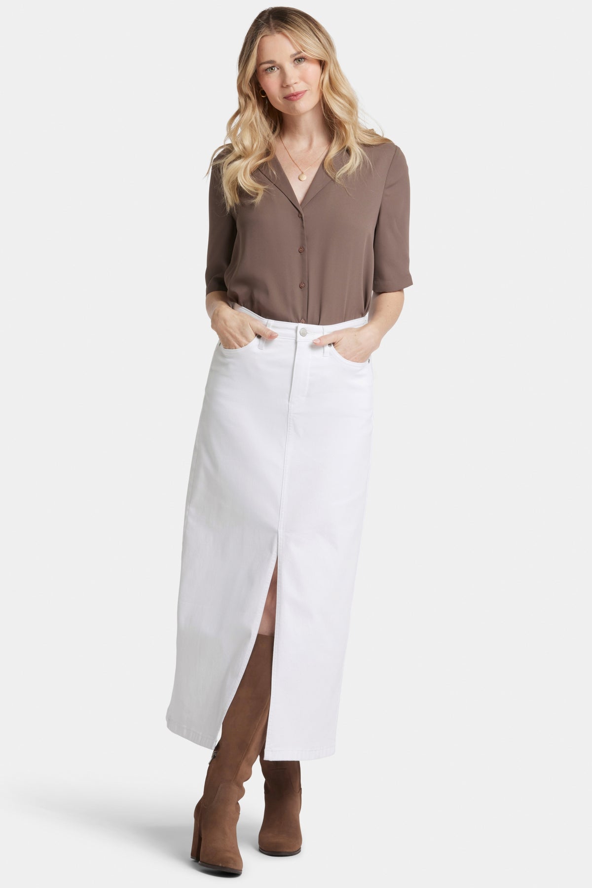 High Rise Long Skirt With Center Front Slit | Optic White | Skirt | NYDJ