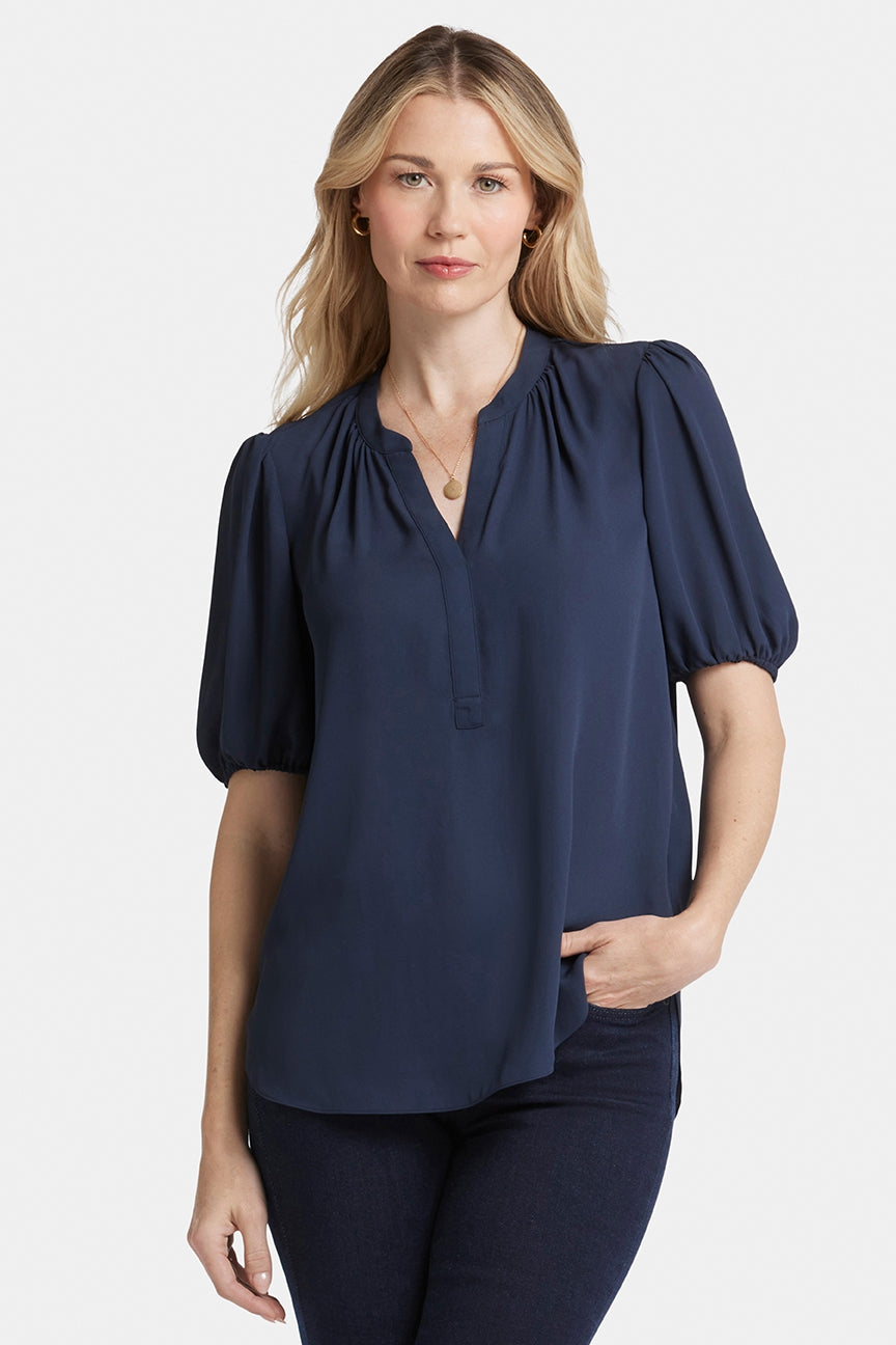 Short Puff Sleeved Popover Top | Oxford Navy | Blouse | NYDJ