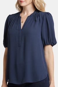 Short Puff Sleeved Popover Top | Oxford Navy | Blouse | NYDJ