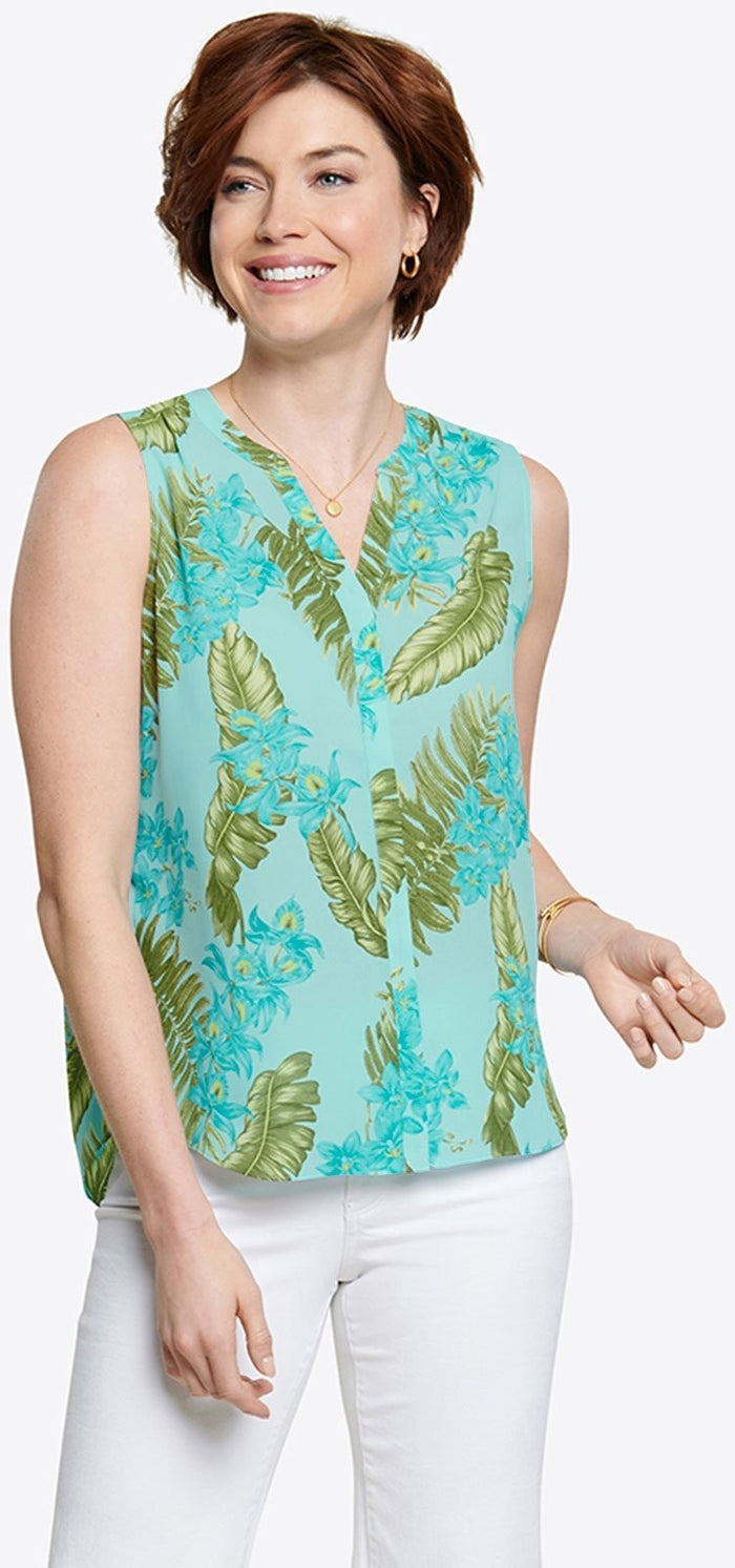 Sleeveless Pintuck Blouse Tropical Print | Calypso Orchid | Top | NYDJ