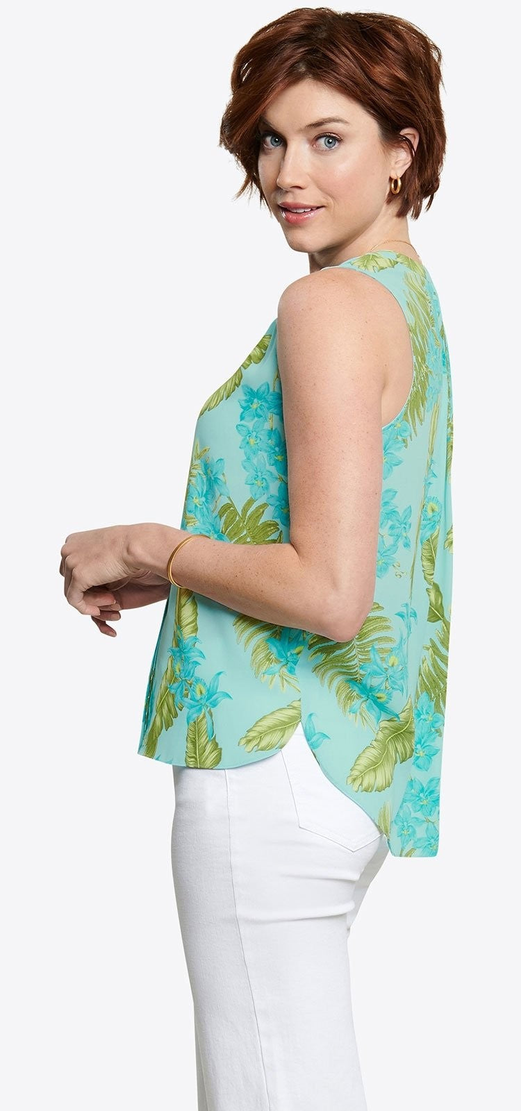 Sleeveless Pintuck Blouse Tropical Print | Calypso Orchid | Top | NYDJ