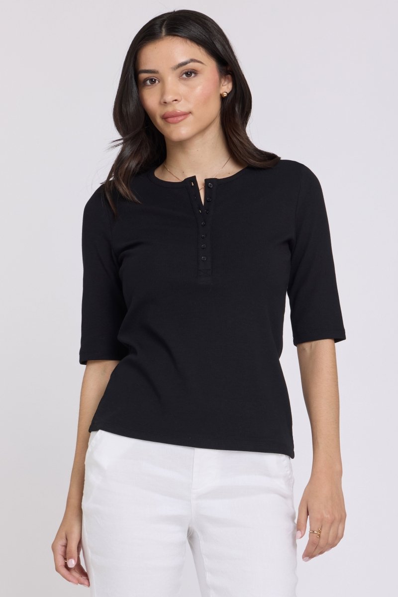 Ribbed Elbow Sleeved Henley | Black | Top | NYDJ