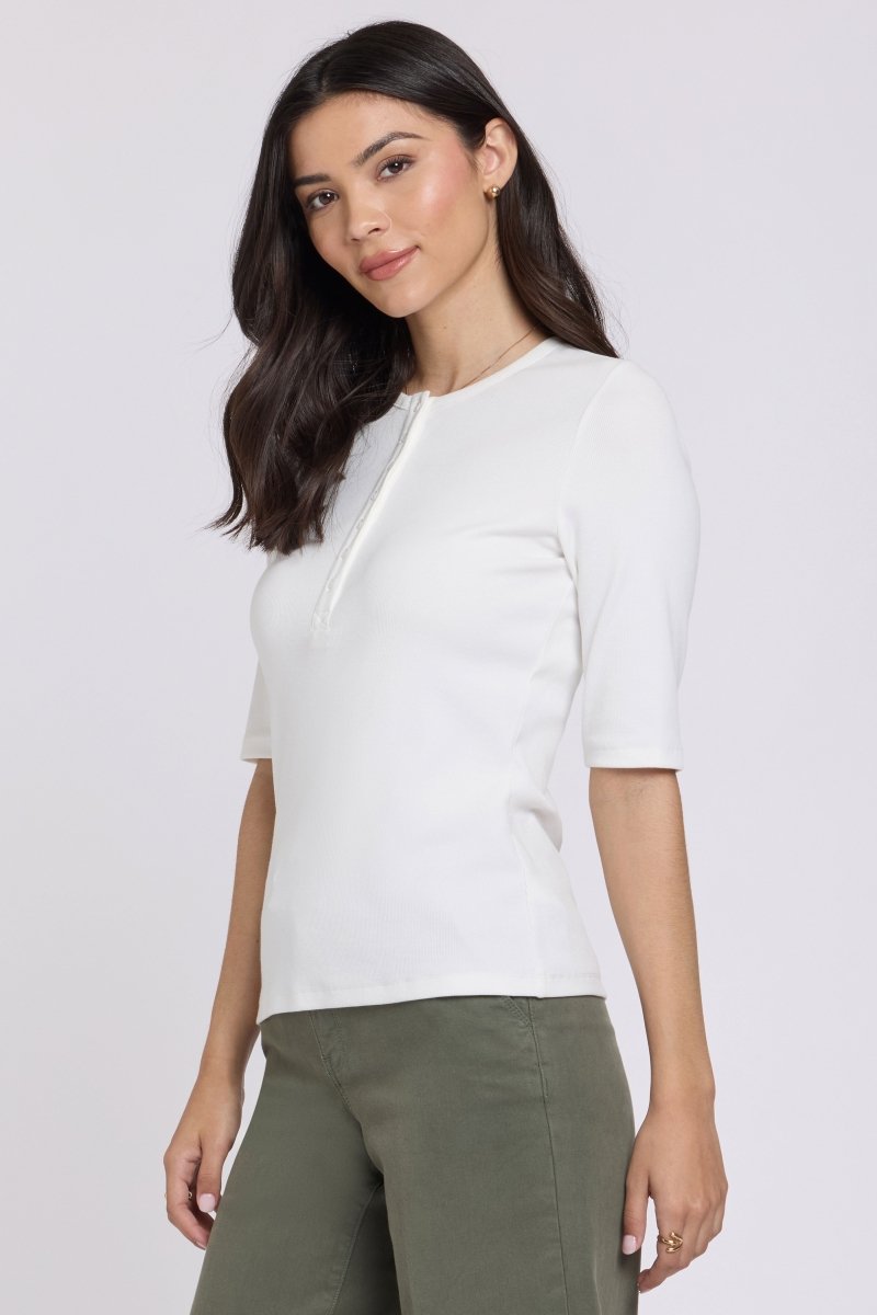 Ribbed Elbow Sleeved Henley | Optic White | Top | NYDJ