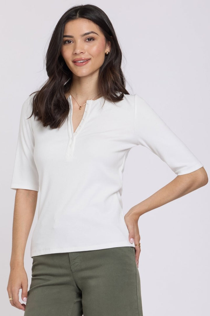 Ribbed Elbow Sleeved Henley | Optic White | Top | NYDJ