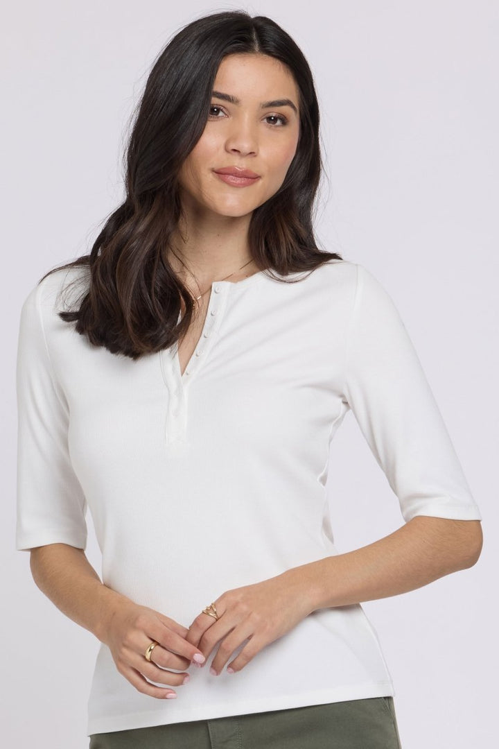 Ribbed Elbow Sleeved Henley | Optic White | Top | NYDJ