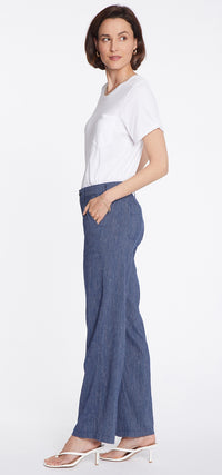 High Waisted Wide Leg Ankle Trouser Striped Stretch Linen | Agua Stripe | Pants | NYDJ